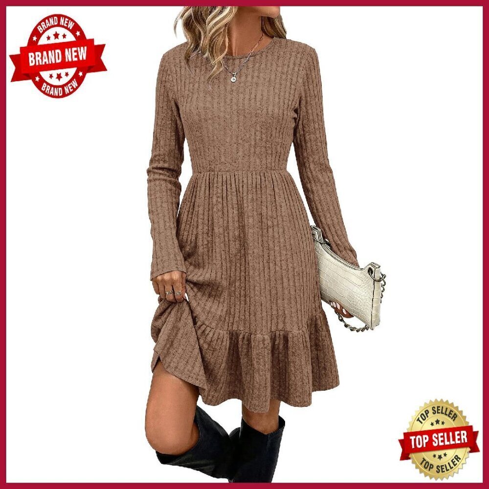 Long Sleeve Crewneck Sweater Dress with Pockets, Flowy Midi